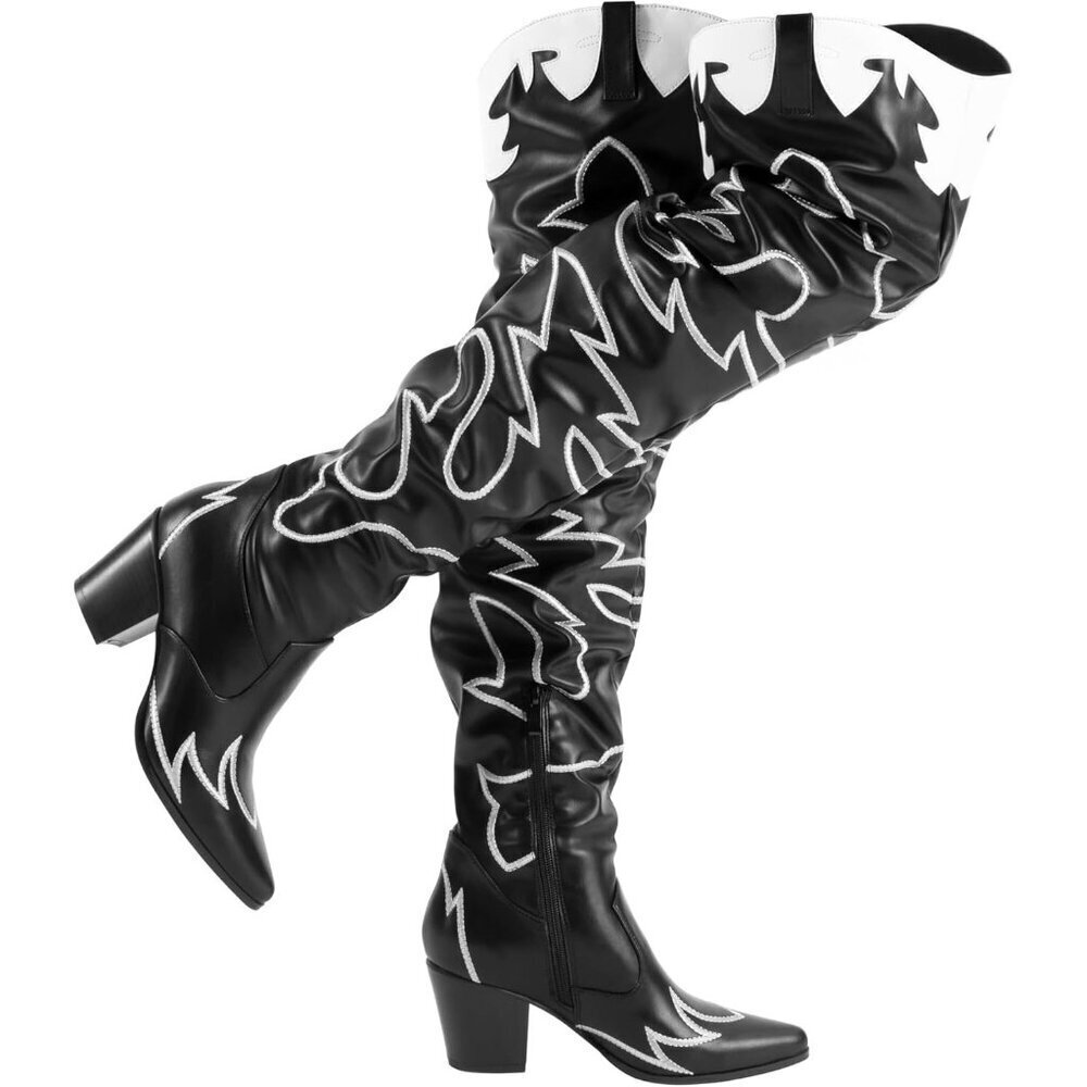 Women Black Faux Suede Cowboy Boots Over The Knee Thigh High Western Boots